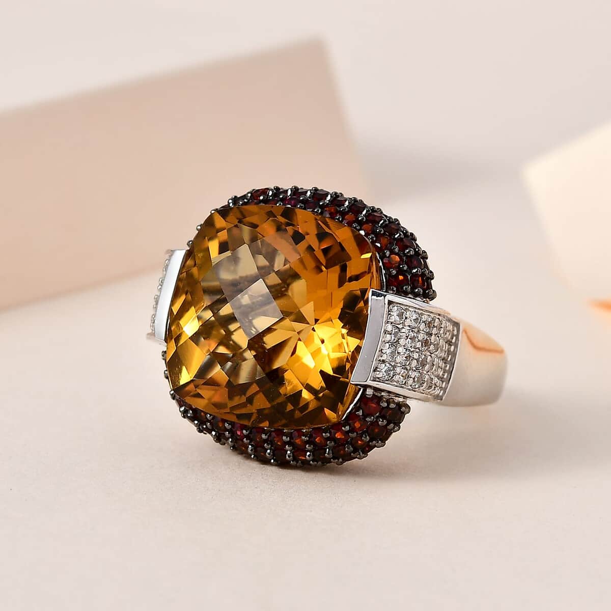 AAA Brazilian Citrine and Multi Gemstone Ring in Platinum Over Sterling Silver (Size 8.0) 19.10 ctw image number 1