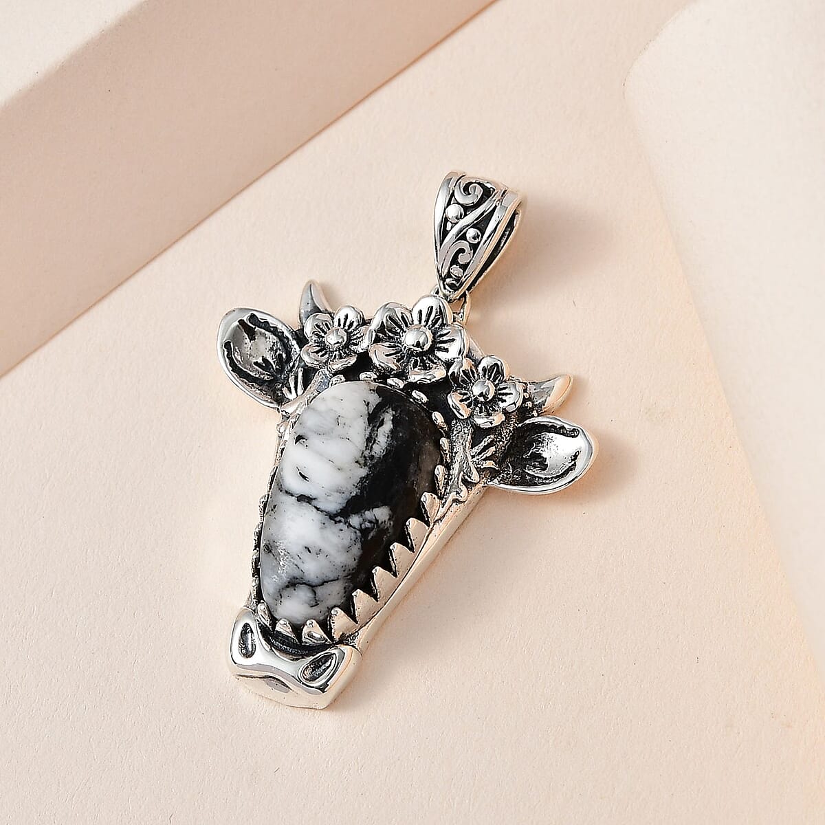 Artisan Crafted White Buffalo Bull Head Pendant in Sterling Silver 8.75 ctw image number 1