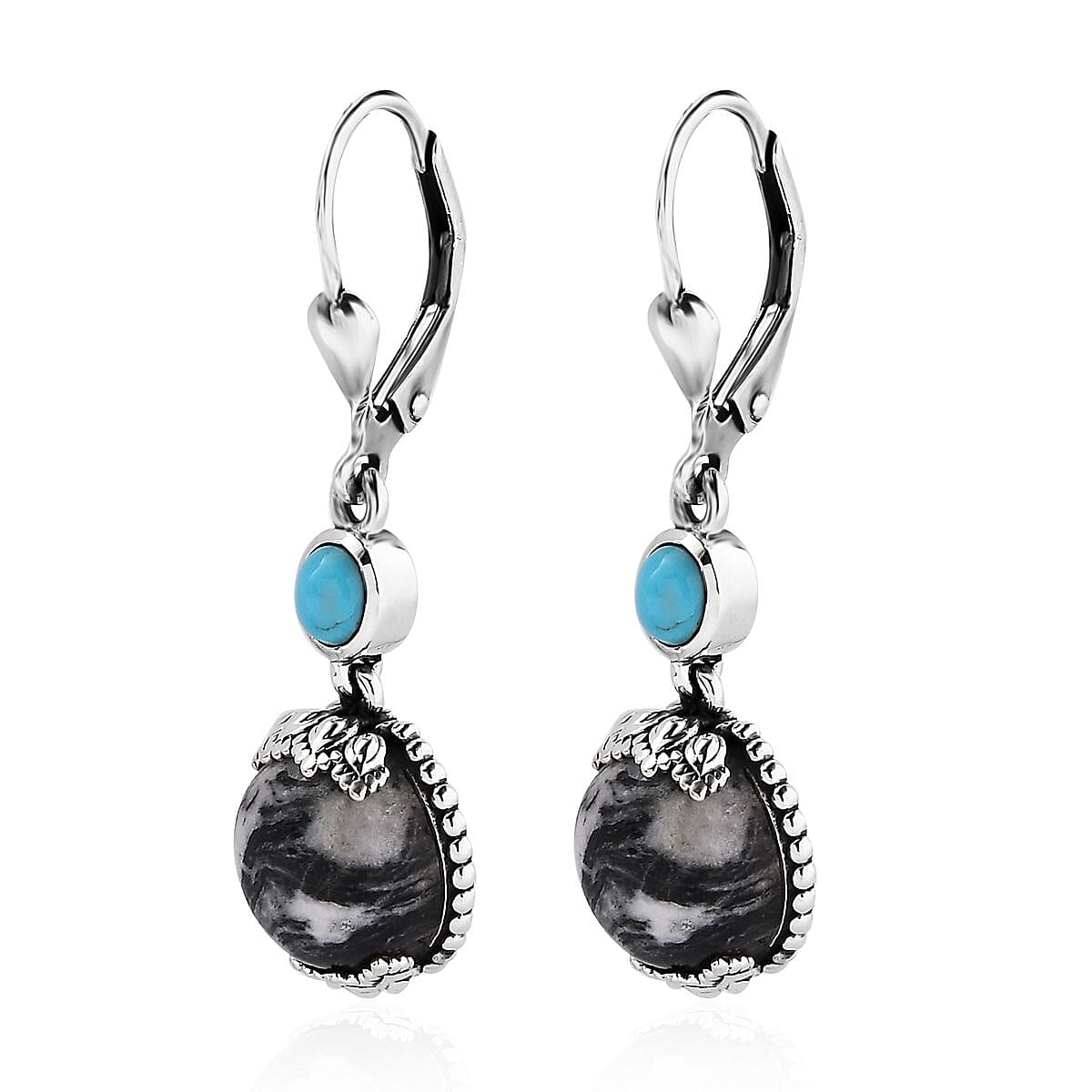 Artisan Crafted White Buffalo and Sleeping Beauty Turquoise Dangling Earrings in Sterling Silver 9.00 ctw image number 3