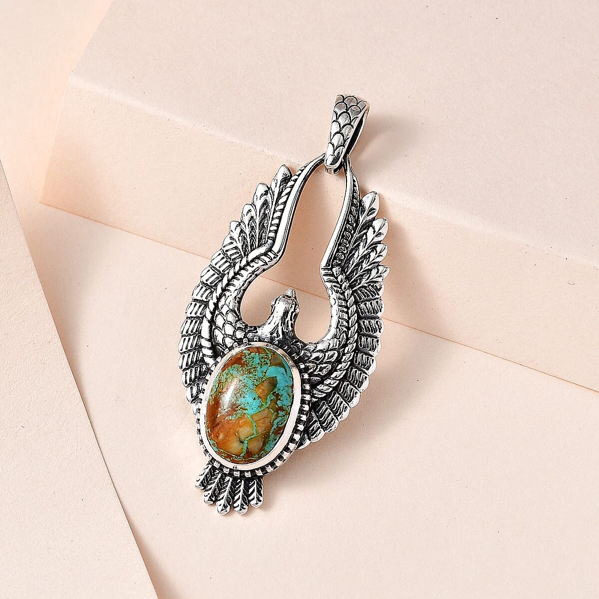 Artisan Crafted Royston Turquoise Eagle Pendant in Black Oxidized Sterling Silver 6.00 ctw image number 1