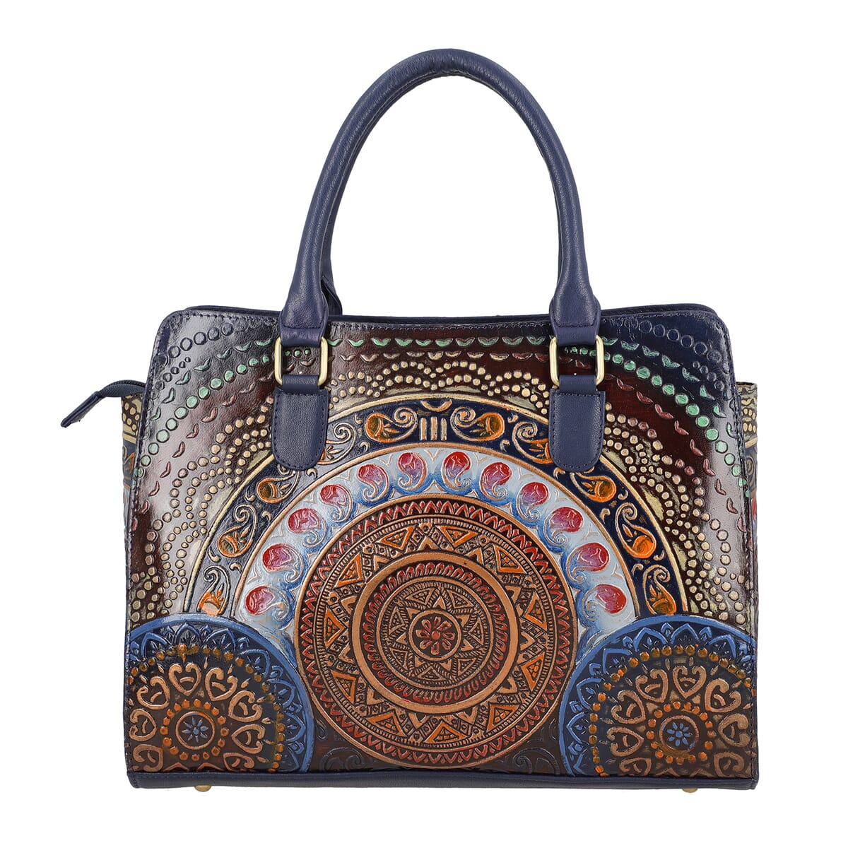 Navy Genuine Leather Hand Painted Tooled Satchel Bag image number 0