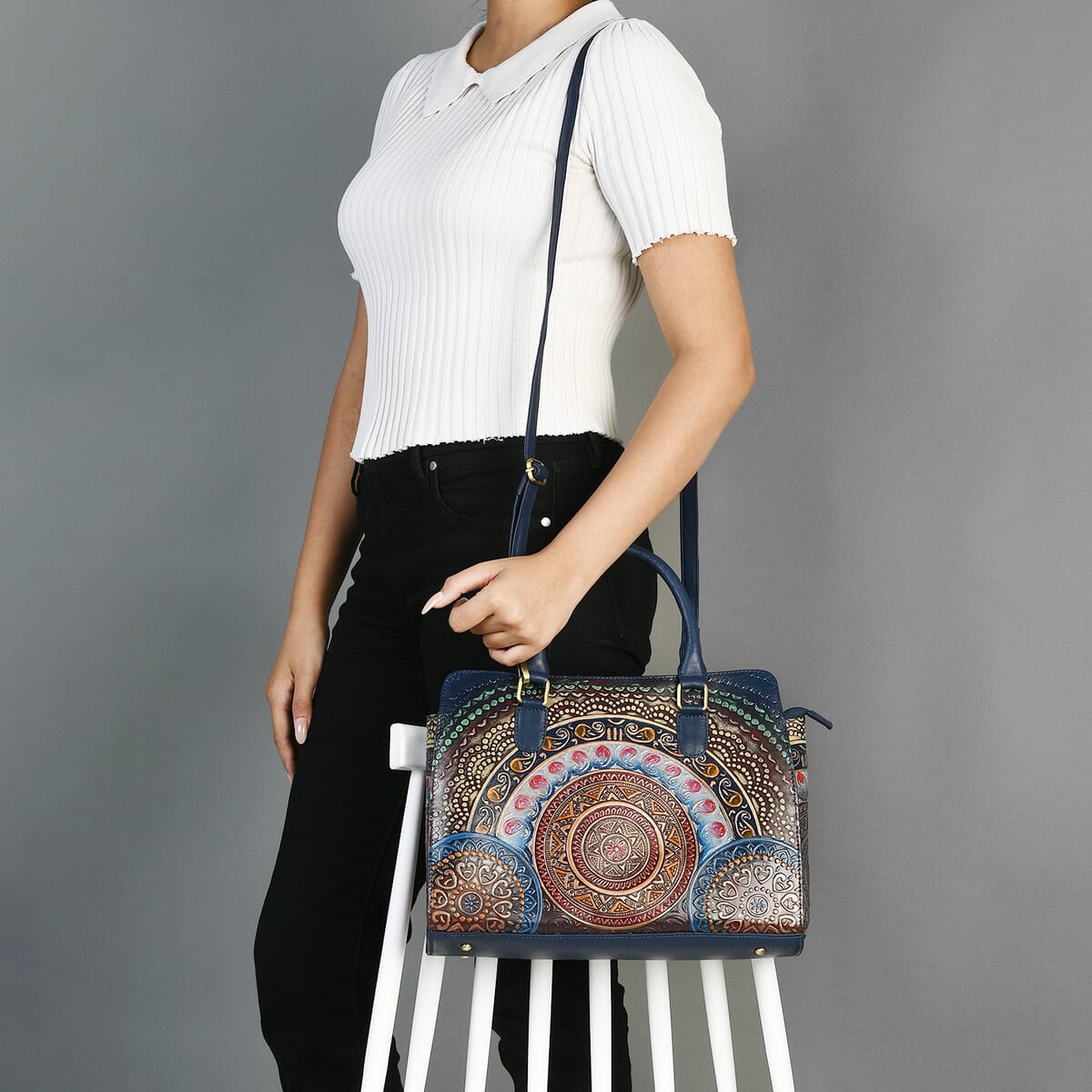 Navy Genuine Leather Hand Painted Tooled Satchel Bag image number 1