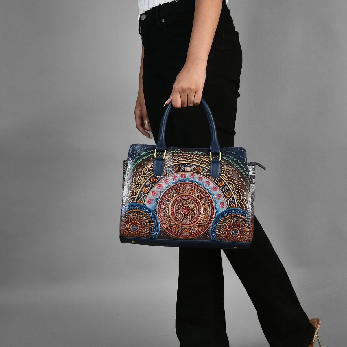 Navy Genuine Leather Hand Painted Tooled Satchel Bag image number 2
