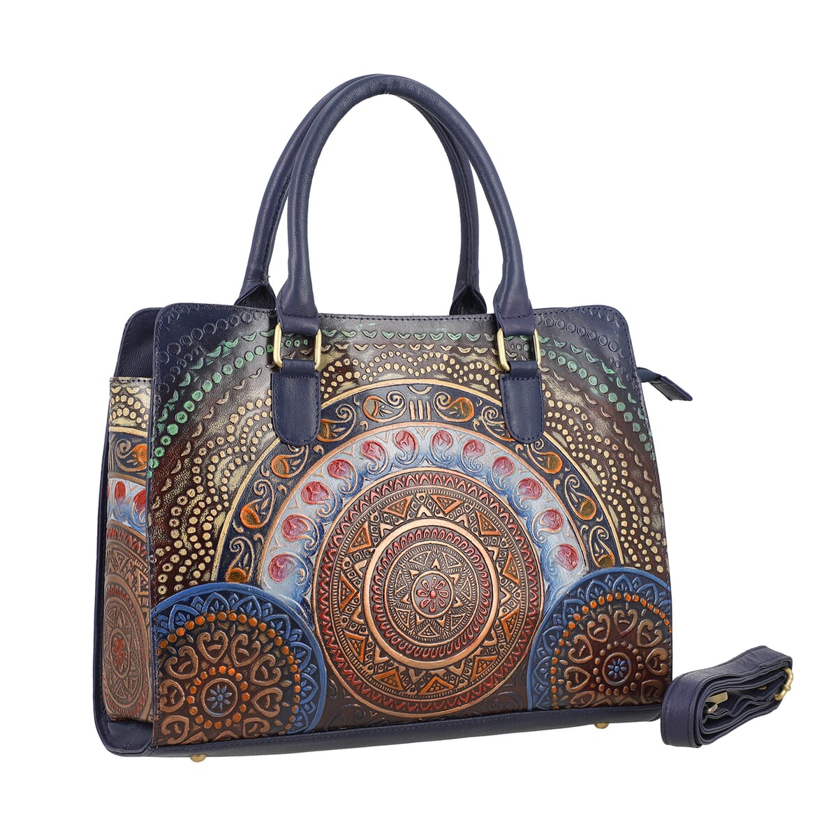 Navy Genuine Leather Hand Painted Tooled Satchel Bag image number 4