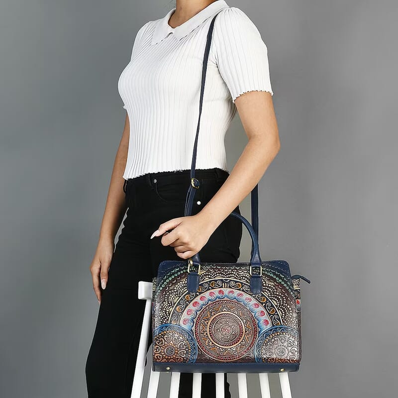 La Marey Navy Genuine Leather Hand Painted Tooled Satchel Bag