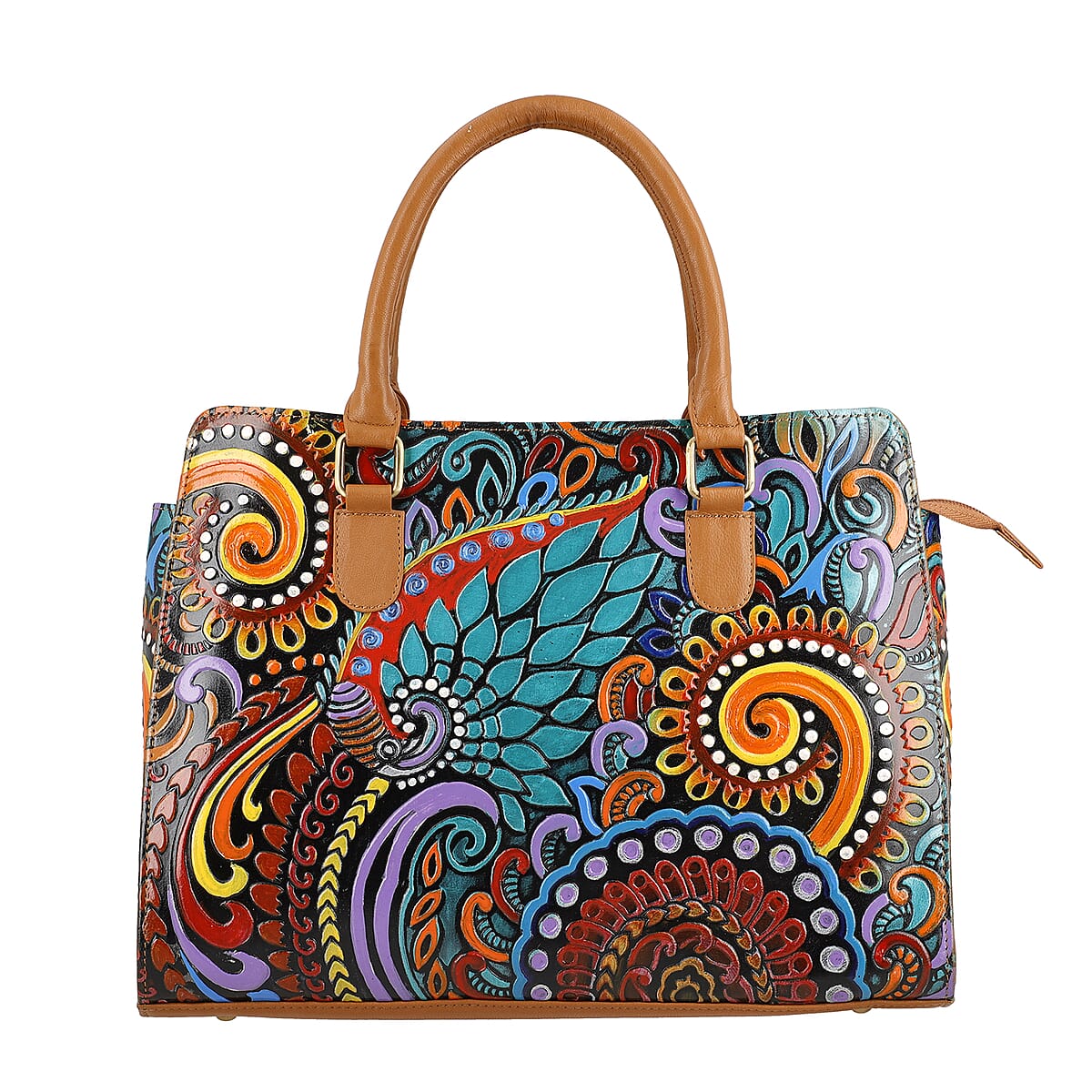 Tan Genuine Leather Hand Painted Tooled Satchel Bag image number 0