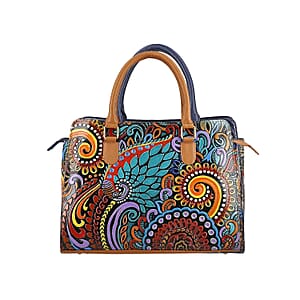 Tan Genuine Leather Hand Painted Tooled Satchel Bag