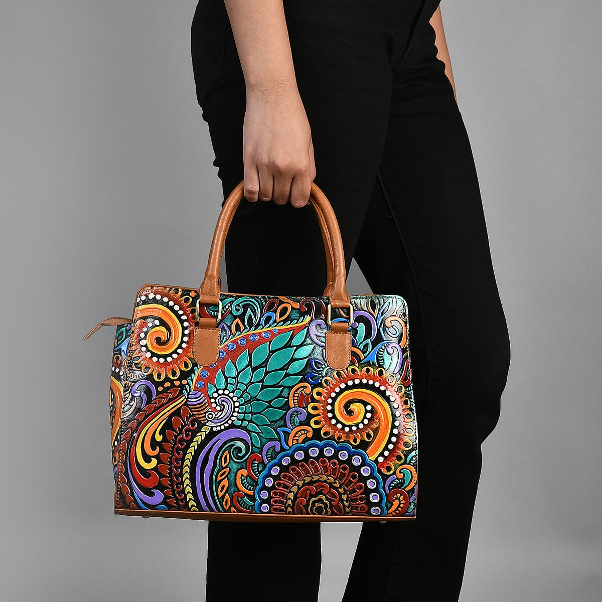 Tan Genuine Leather Hand Painted Tooled Satchel Bag image number 1
