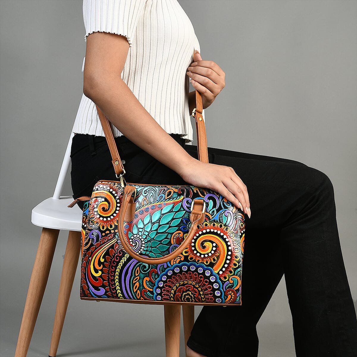 Tan Genuine Leather Hand Painted Tooled Satchel Bag image number 2