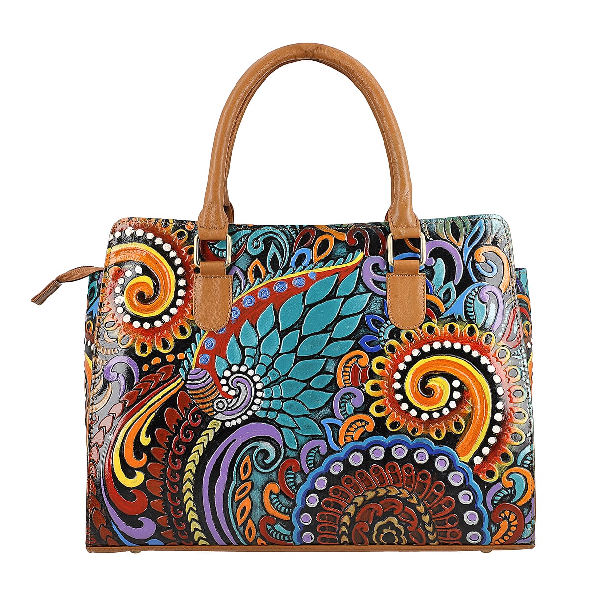Tan Genuine Leather Hand Painted Tooled Satchel Bag image number 3