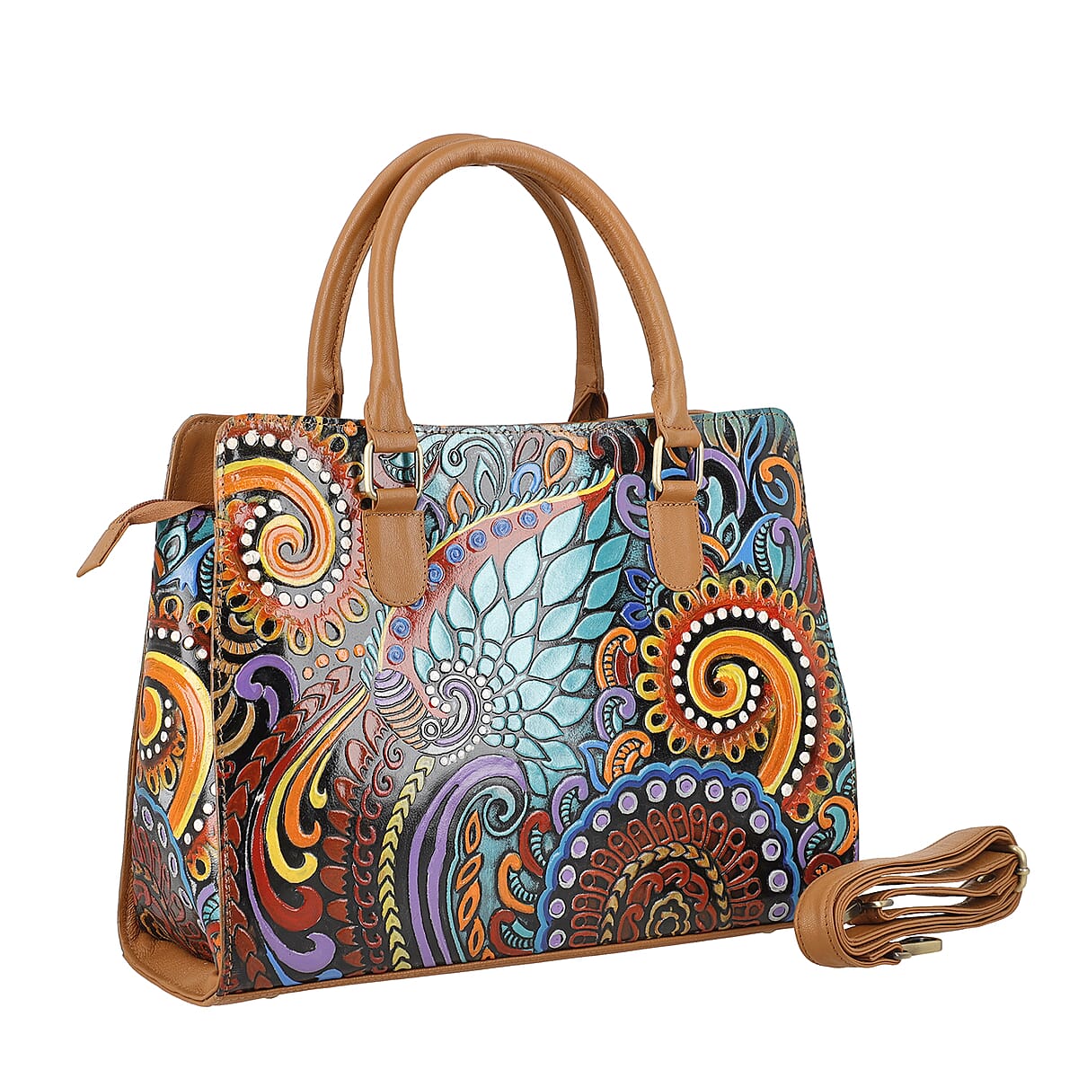 Tan Genuine Leather Hand Painted Tooled Satchel Bag image number 4