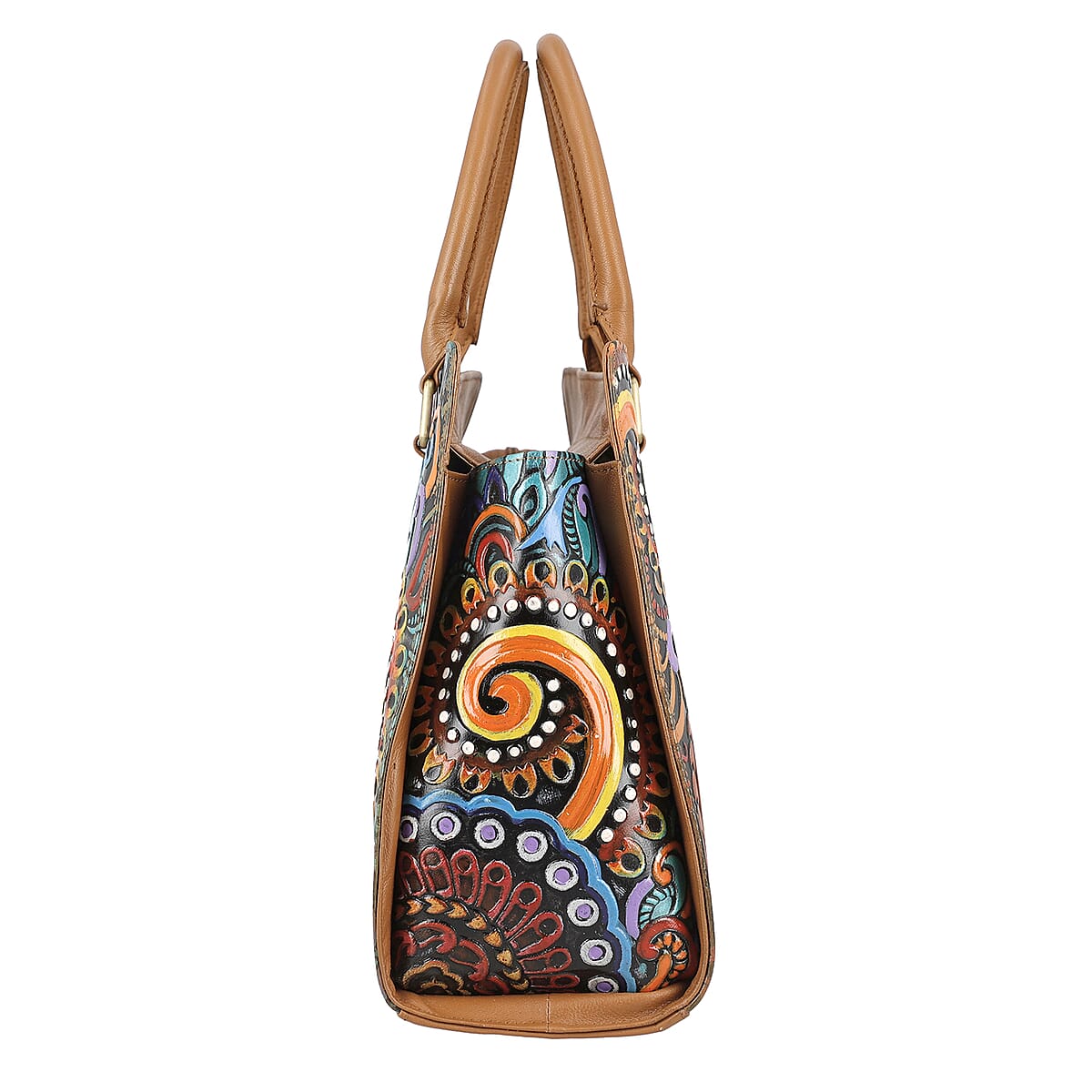 Tan Genuine Leather Hand Painted Tooled Satchel Bag image number 5