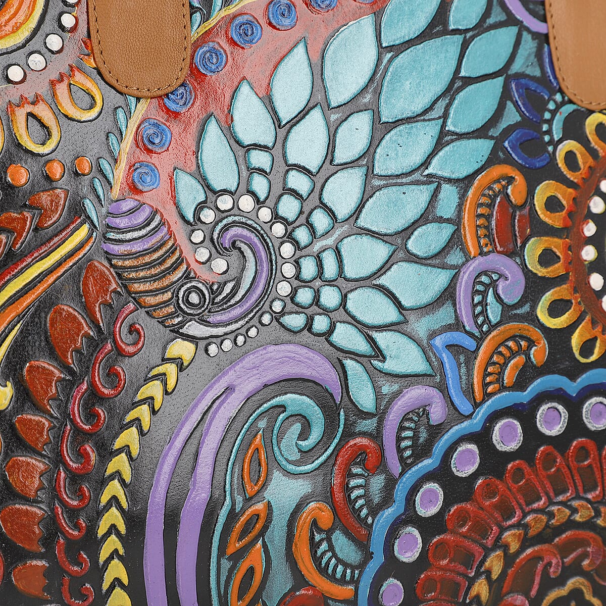 Tan Genuine Leather Hand Painted Tooled Satchel Bag image number 6