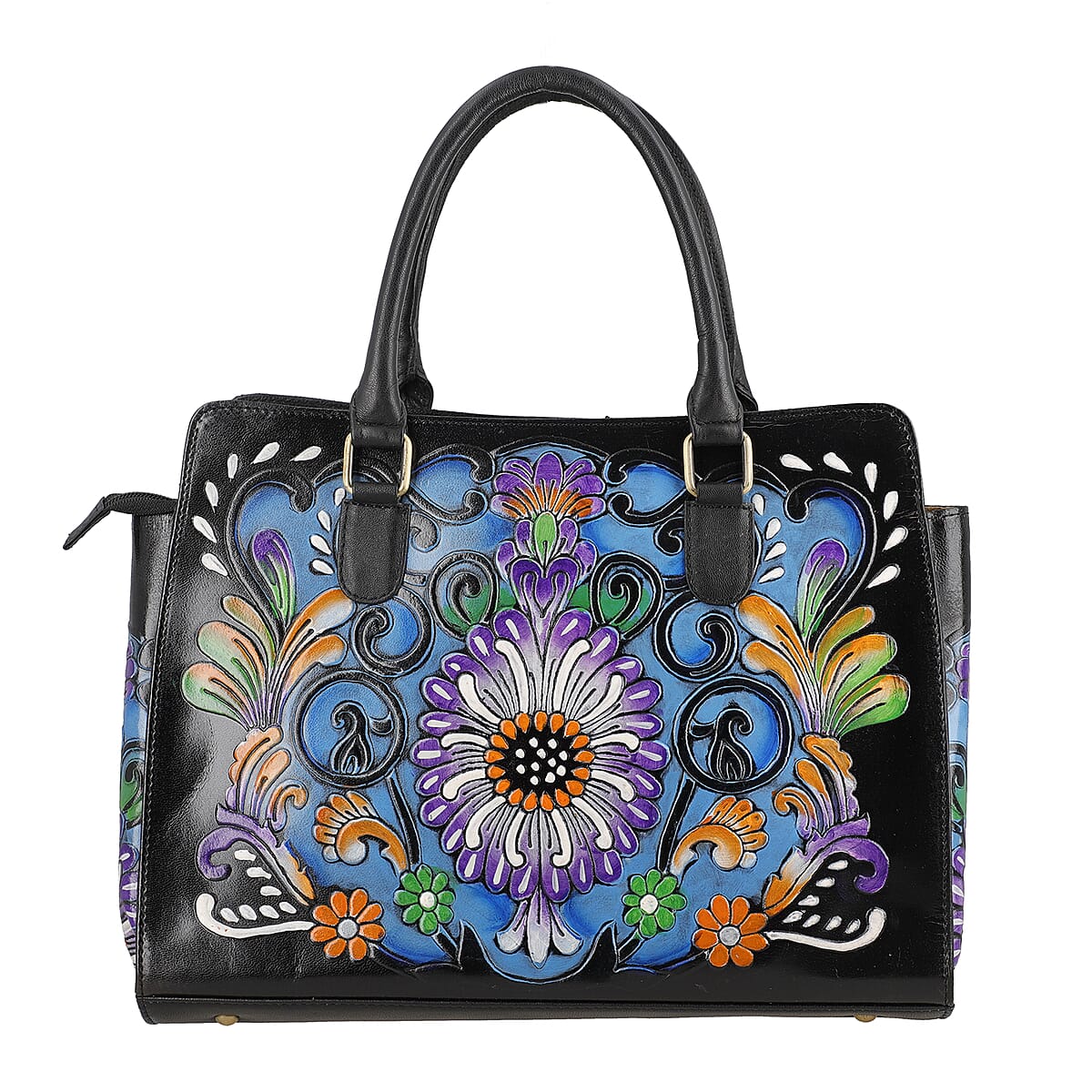 Black Genuine Leather Hand Painted Tooled Satchel Bag image number 0