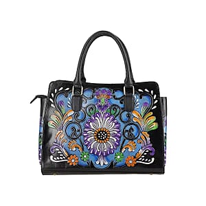 La Marey Black Genuine Leather Hand Painted Tooled Satchel Bag