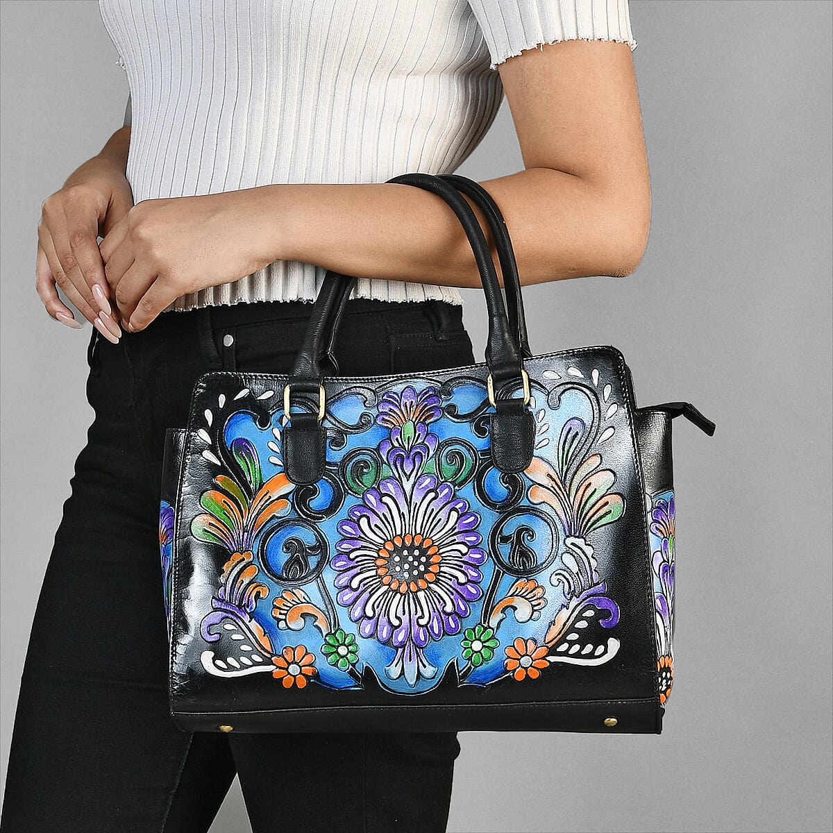 Black Genuine Leather Hand Painted Tooled Satchel Bag image number 1