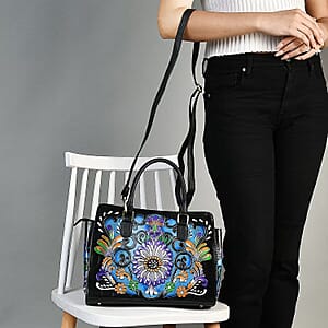 La Marey Black Genuine Leather Hand Painted Tooled Satchel Bag