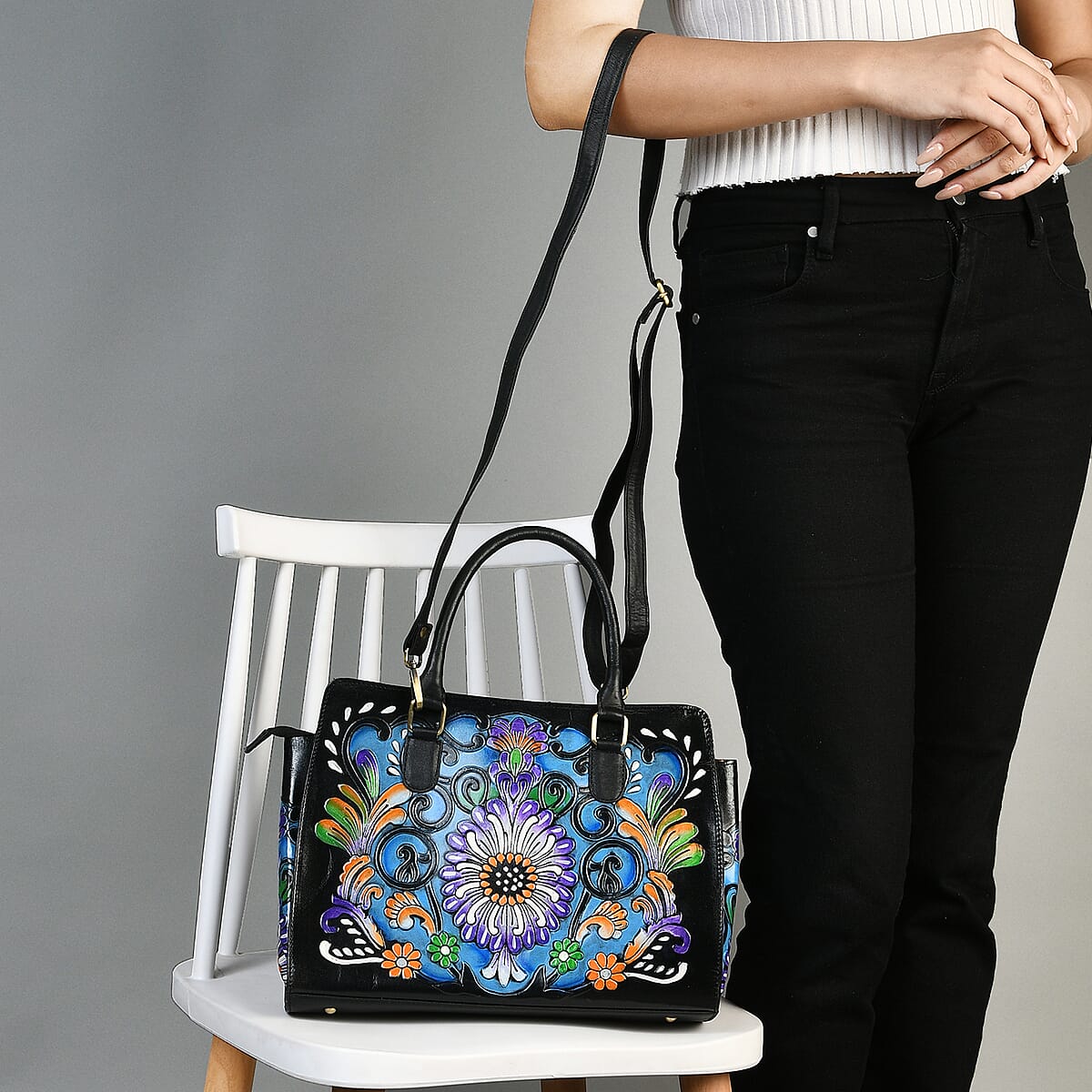 Black Genuine Leather Hand Painted Tooled Satchel Bag image number 2