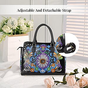 La Marey Black Genuine Leather Hand Painted Tooled Satchel Bag