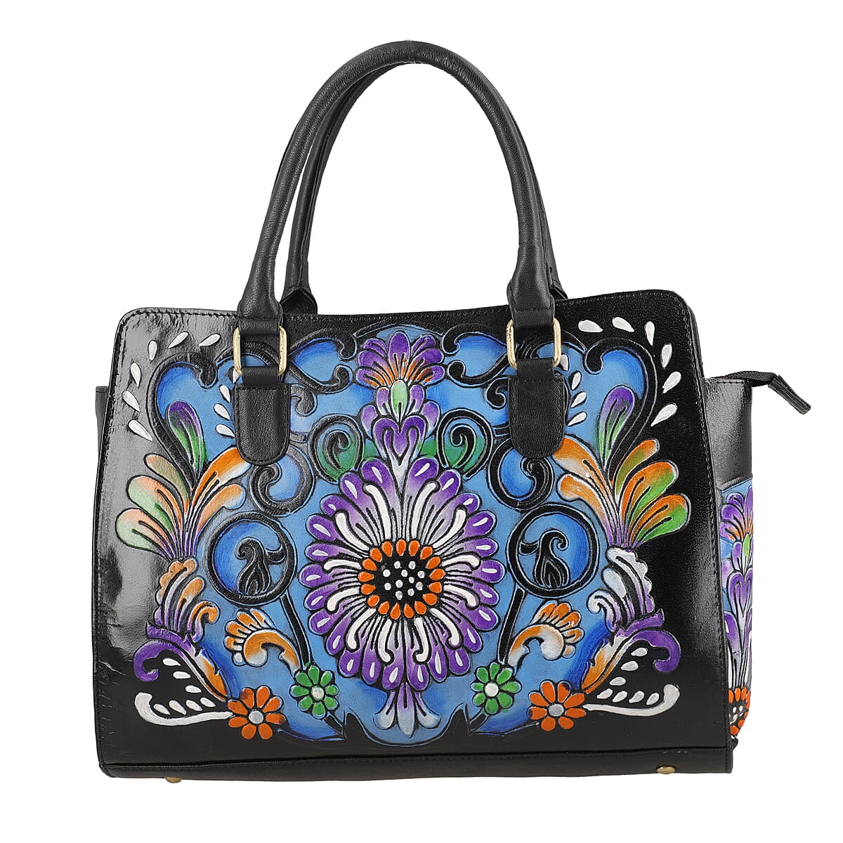 Black Genuine Leather Hand Painted Tooled Satchel Bag image number 3