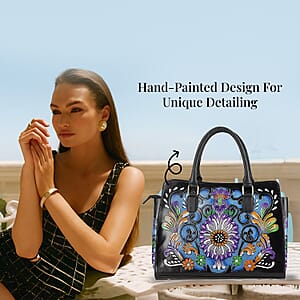 La Marey Black Genuine Leather Hand Painted Tooled Satchel Bag