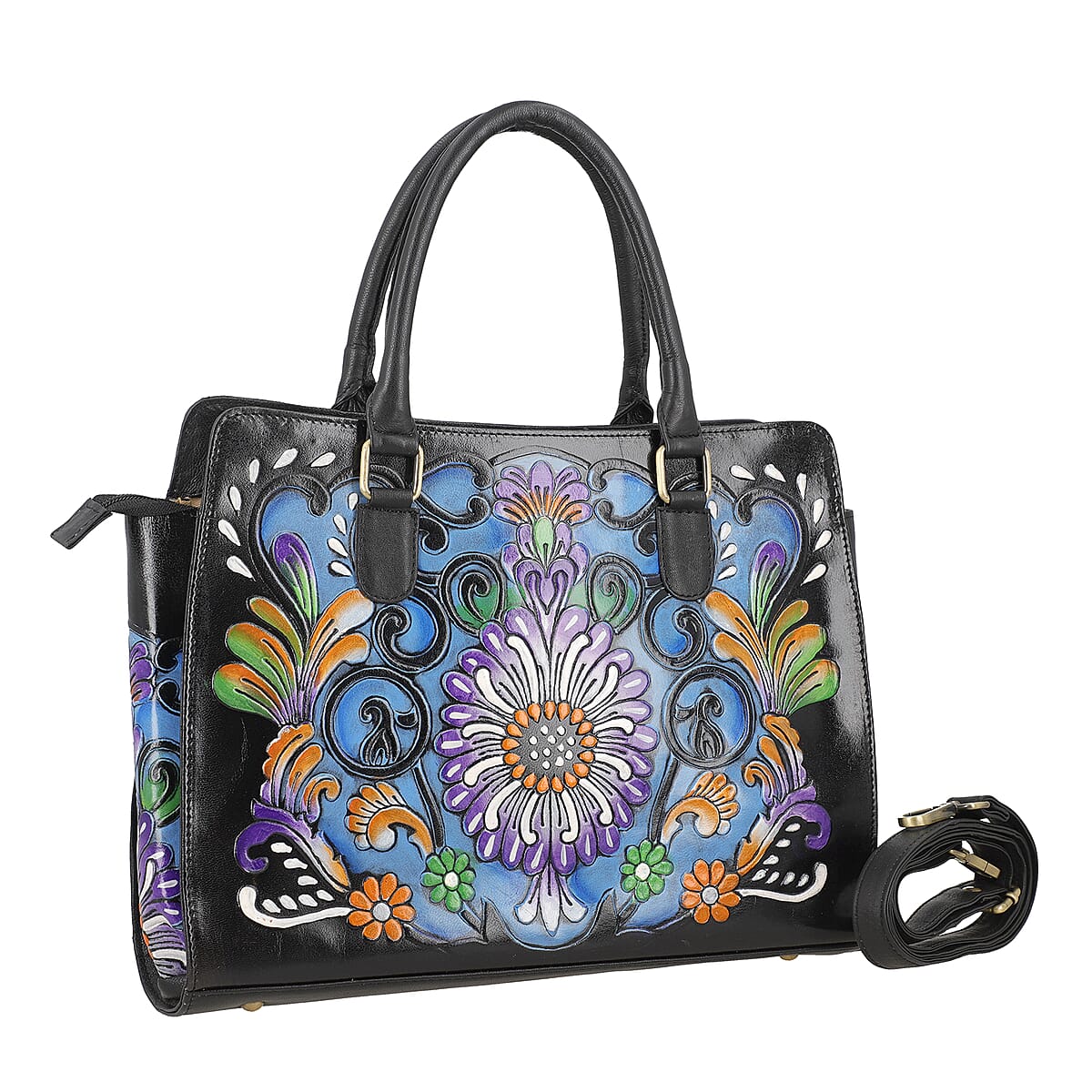 Black Genuine Leather Hand Painted Tooled Satchel Bag image number 4