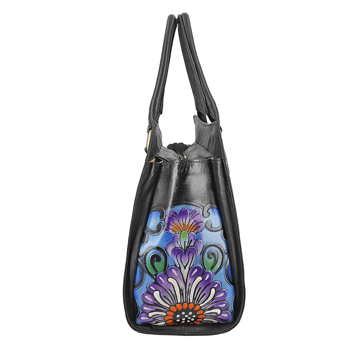 Black Genuine Leather Hand Painted Tooled Satchel Bag image number 5