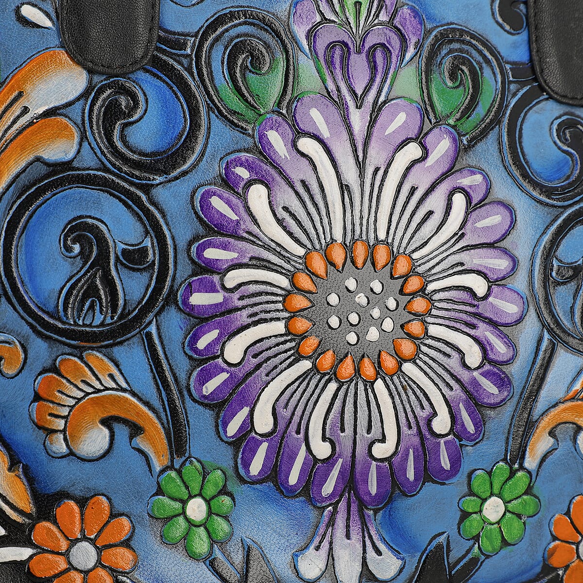 Black Genuine Leather Hand Painted Tooled Satchel Bag image number 6