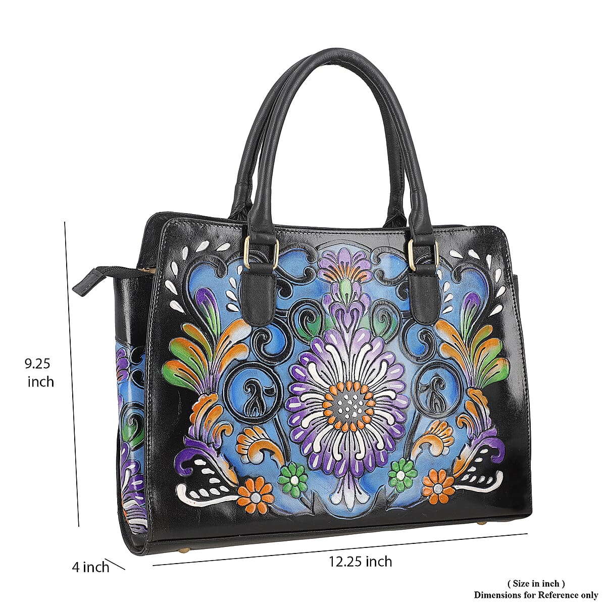 Black Genuine Leather Hand Painted Tooled Satchel Bag image number 7
