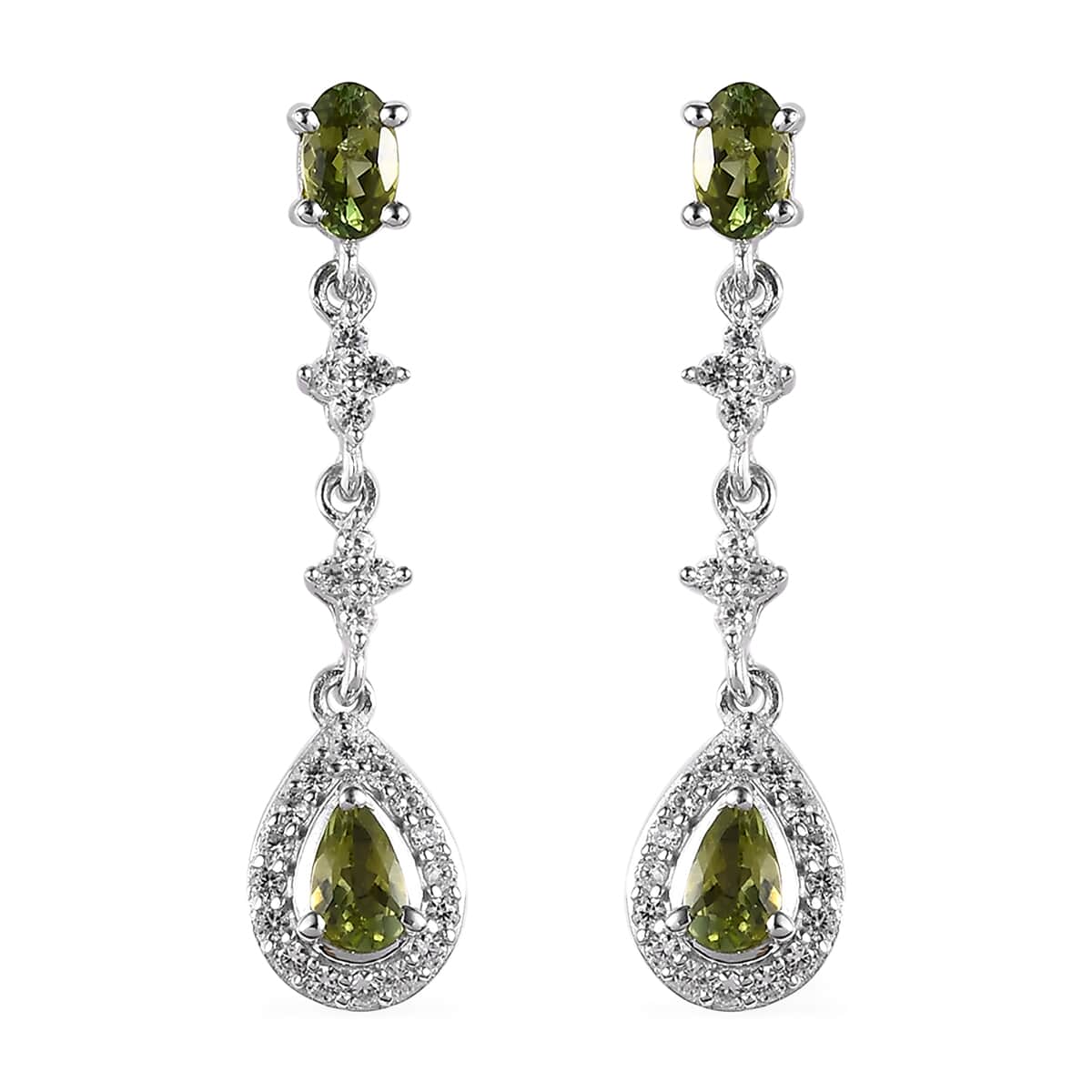 Premium Natural Calabar Green Tourmaline and White Zircon Dangling Earrings in Platinum Over Sterling Silver 1.40 ctw image number 0