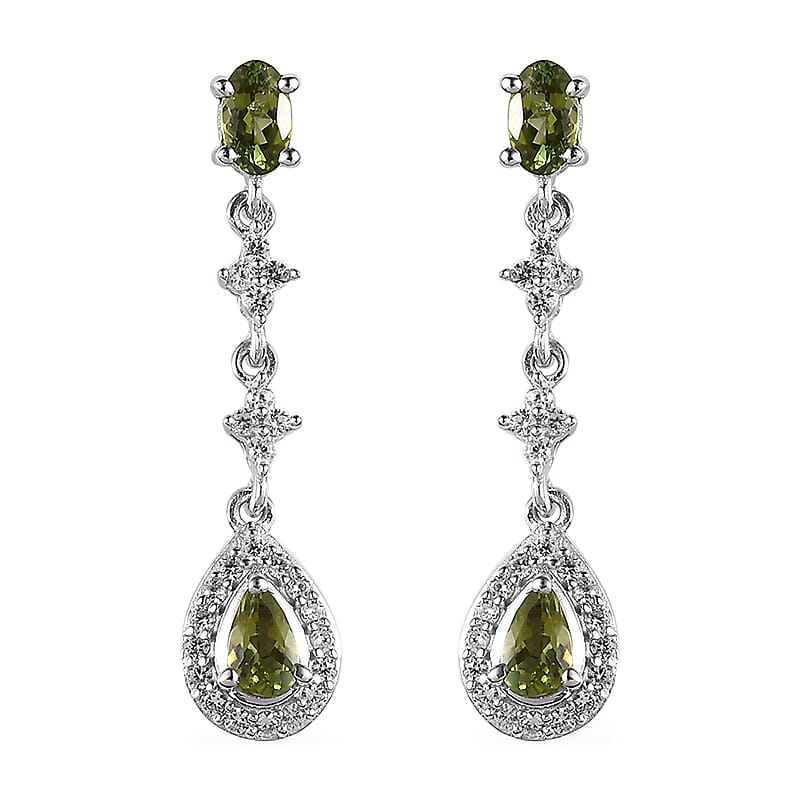 Premium Natural Calabar Green Tourmaline and White Zircon Dangling Earrings in Platinum Over Sterling Silver 1.40 ctw