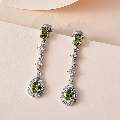 Premium Natural Calabar Green Tourmaline and White Zircon Dangling Earrings in Platinum Over Sterling Silver 1.40 ctw