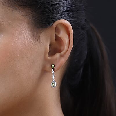 Premium Natural Calabar Green Tourmaline and White Zircon Dangling Earrings in Platinum Over Sterling Silver 1.40 ctw