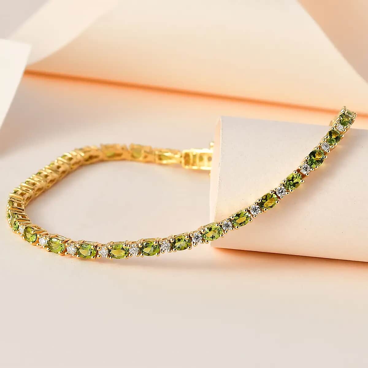 Premium Natural Calabar Green Tourmaline and Moissanite Tennis Bracelet in Vermeil YG Over Sterling Silver (7.25 In) 5.70 ctw image number 1
