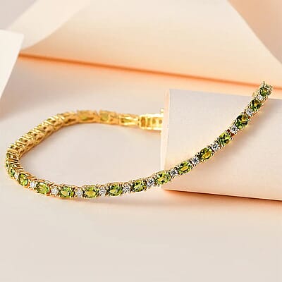 D'Joy Premium Natural Calabar Green Tourmaline and Moissanite 5.70 ctw Tennis Bracelet in Vermeil YG Over Sterling Silver (7.25 In)