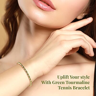 D'Joy Premium Natural Calabar Green Tourmaline and Moissanite 5.70 ctw Tennis Bracelet in Vermeil YG Over Sterling Silver (7.25 In)
