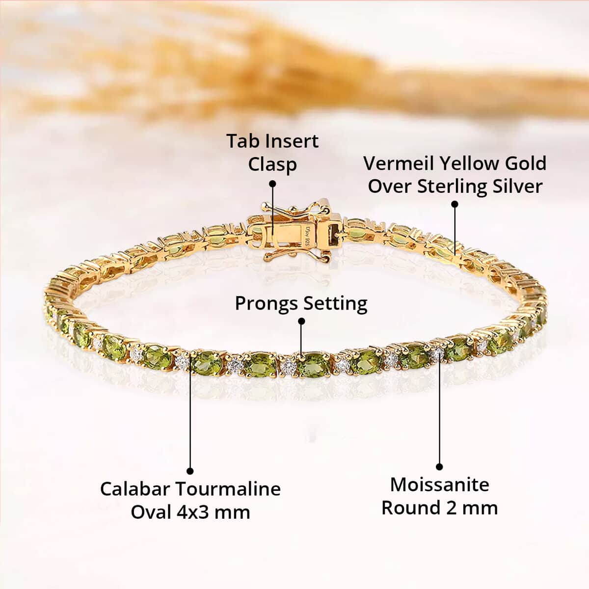 Premium Natural Calabar Green Tourmaline and Moissanite Tennis Bracelet in Vermeil YG Over Sterling Silver (7.25 In) 5.70 ctw image number 4