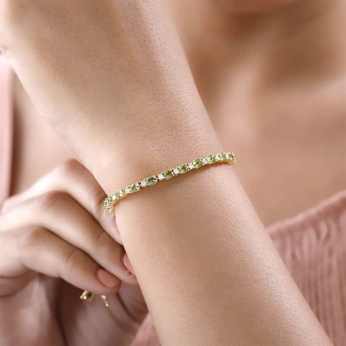 Premium Natural Calabar Green Tourmaline and Moissanite Tennis Bracelet in Vermeil Yellow Gold Over Sterling Silver (6.50 In) 5.20 ctw (Del. in 3-5 Days) image number 7