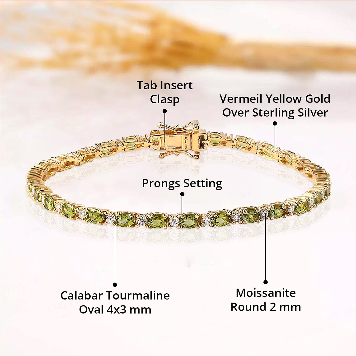 Premium Natural Calabar Green Tourmaline and Moissanite Tennis Bracelet in Vermeil Yellow Gold Over Sterling Silver (6.50 In) 5.20 ctw