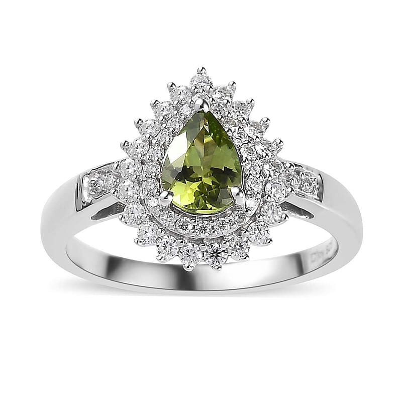 Premium Natural Calabar Green Tourmaline and Moissanite Double Halo Ring in Platinum Over Sterling Silver (Size 10.0) 1.00 ctw