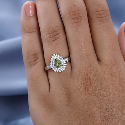 Premium Natural Calabar Green Tourmaline and Moissanite Double Halo Ring in Platinum Over Sterling Silver (Size 10.0) 1.00 ctw
