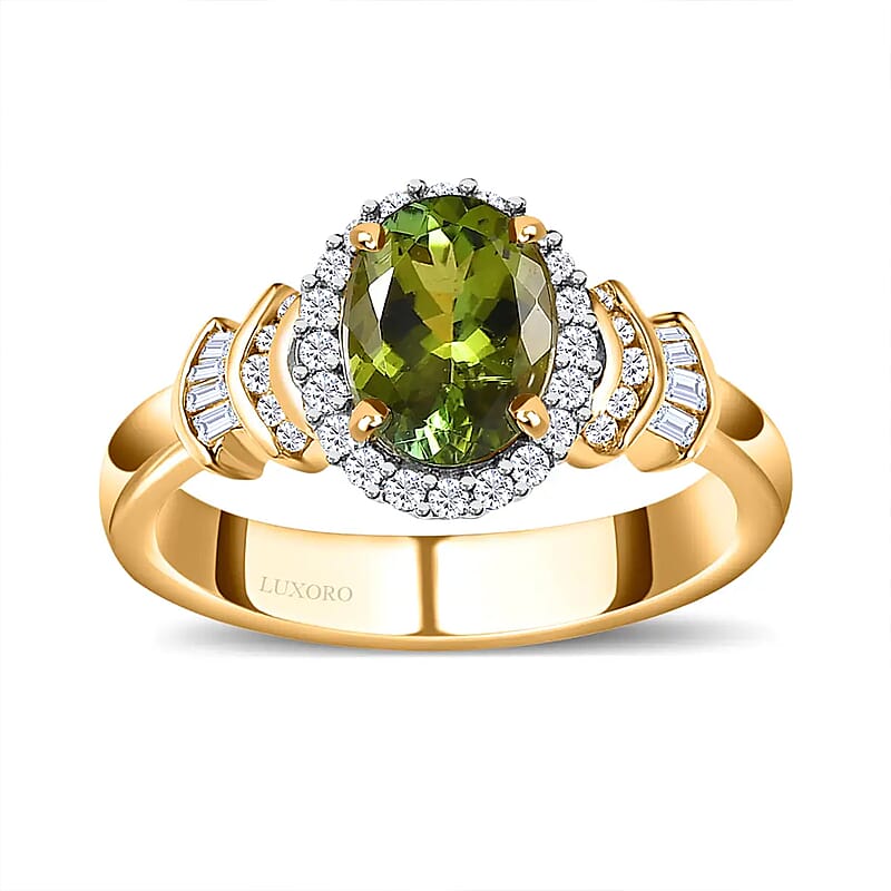 Luxoro AAA Natural Calabar Green Tourmaline and G-H I3 Diamond 1.50 ctw Halo Ring in 14K Yellow Gold (Size 10.0)