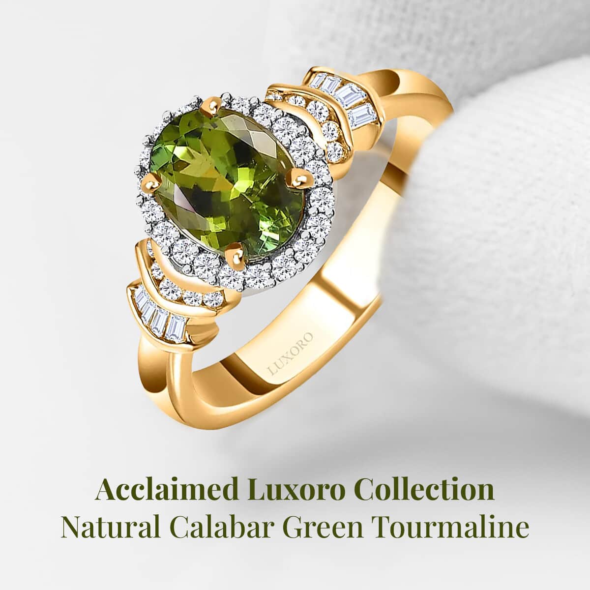 Luxoro 14K Yellow Gold AAA Natural Calabar Green Tourmaline and G-H I3 Diamond Halo Ring (Size 10.0) 1.50 ctw image number 2
