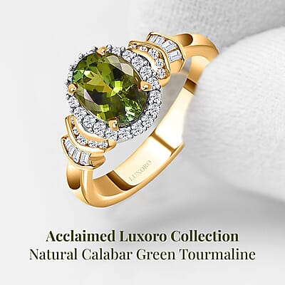 Luxoro AAA Natural Calabar Green Tourmaline and G-H I3 Diamond 1.50 ctw Halo Ring in 14K Yellow Gold (Size 10.0)