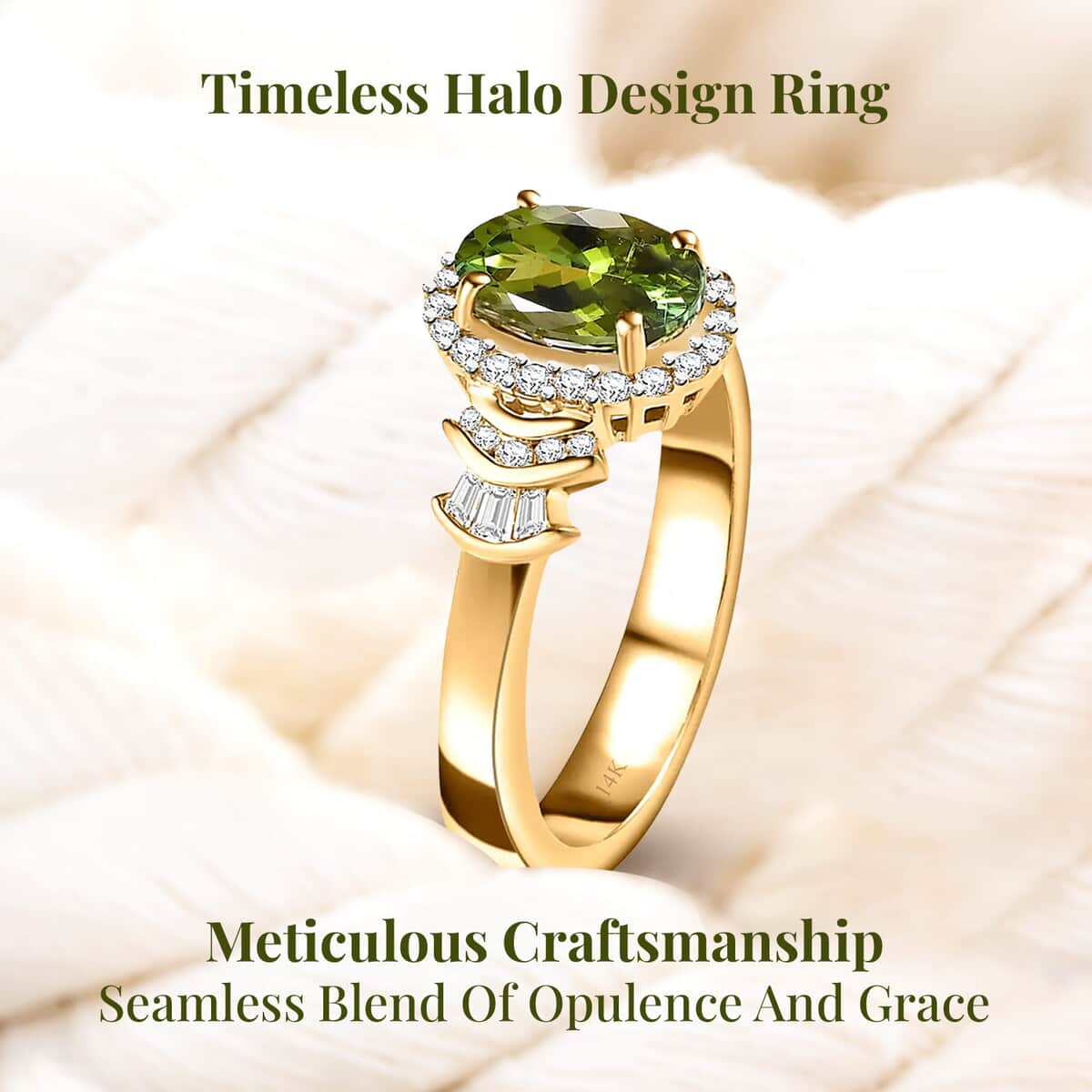 Luxoro 14K Yellow Gold AAA Natural Calabar Green Tourmaline and G-H I3 Diamond Halo Ring 1.50 ctw (Del. in 7-10 Days) image number 3