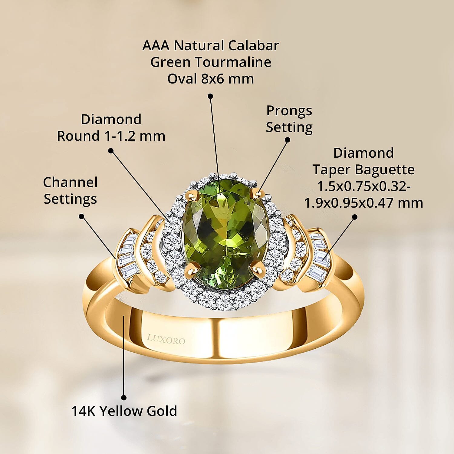Luxoro AAA Natural Calabar Green Tourmaline and G-H I3 Diamond 1.50 ctw Halo Ring in 14K Yellow Gold (Size 10.0)