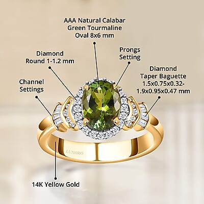 Luxoro AAA Natural Calabar Green Tourmaline and G-H I3 Diamond 1.50 ctw Halo Ring in 14K Yellow Gold (Size 10.0)