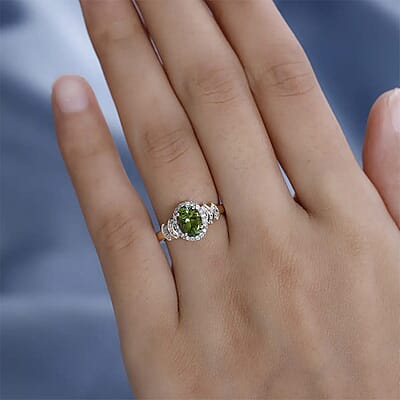 Luxoro AAA Natural Calabar Green Tourmaline and G-H I3 Diamond 1.50 ctw Halo Ring in 14K Yellow Gold (Size 10.0)