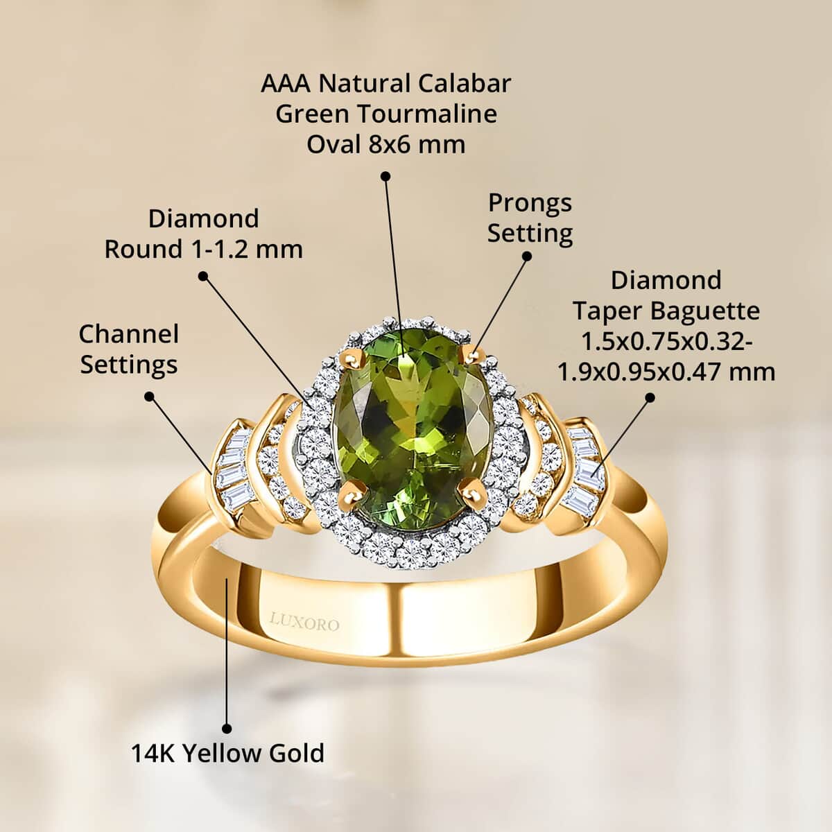 Luxoro 14K Yellow Gold AAA Natural Calabar Green Tourmaline and G-H I3 Diamond Halo Ring (Size 7.0) 1.50 ctw image number 4