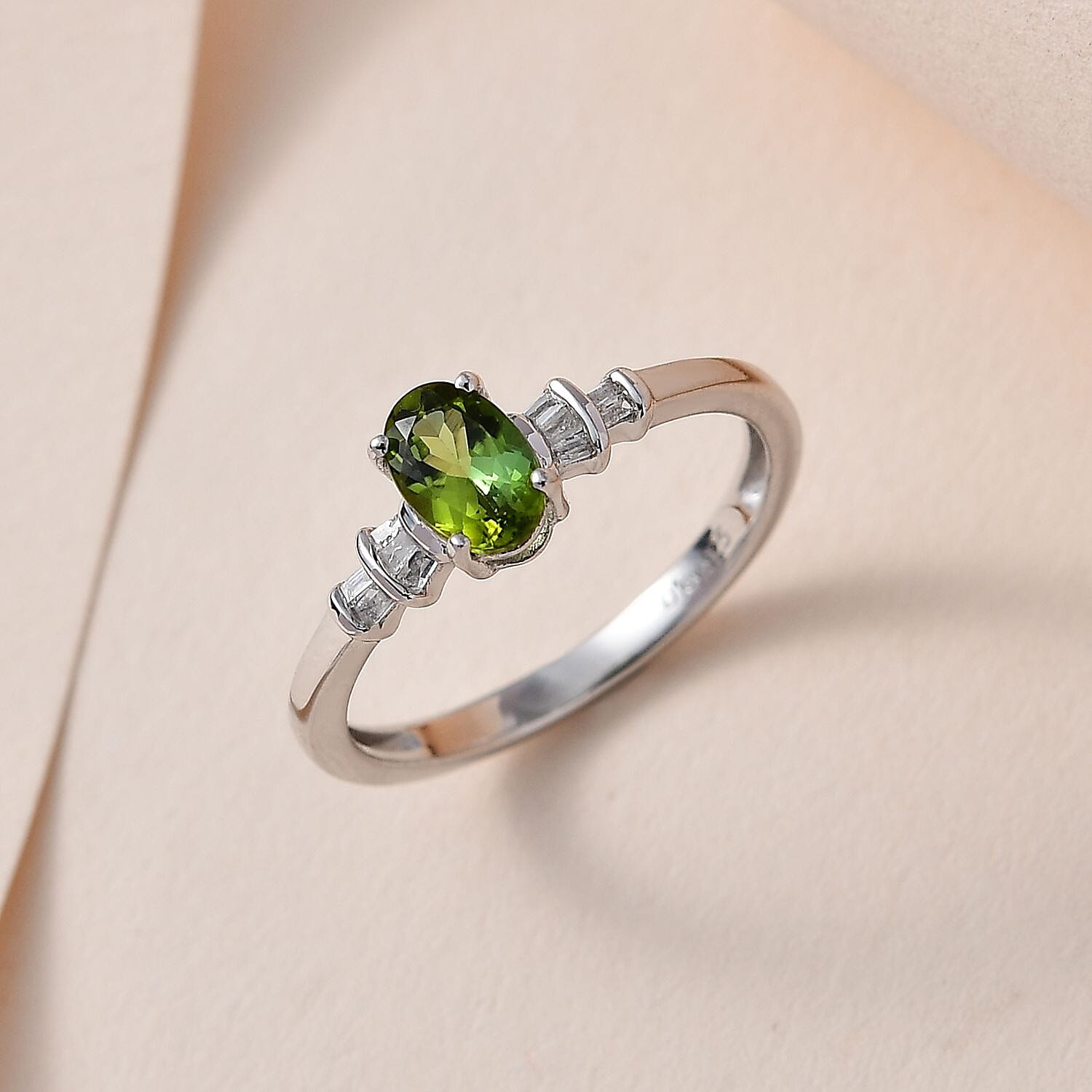 Premium Natural Calabar Green Tourmaline and Diamond Ring in Platinum Over Sterling Silver (Size 10.0) 0.70 ctw
